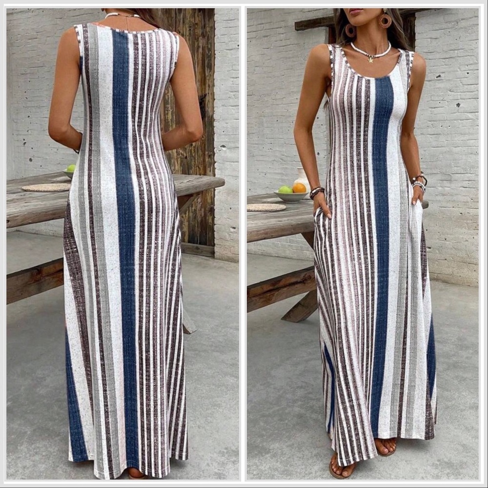 Striped Sleeveless Maxi Dress in White, Blue & Brown